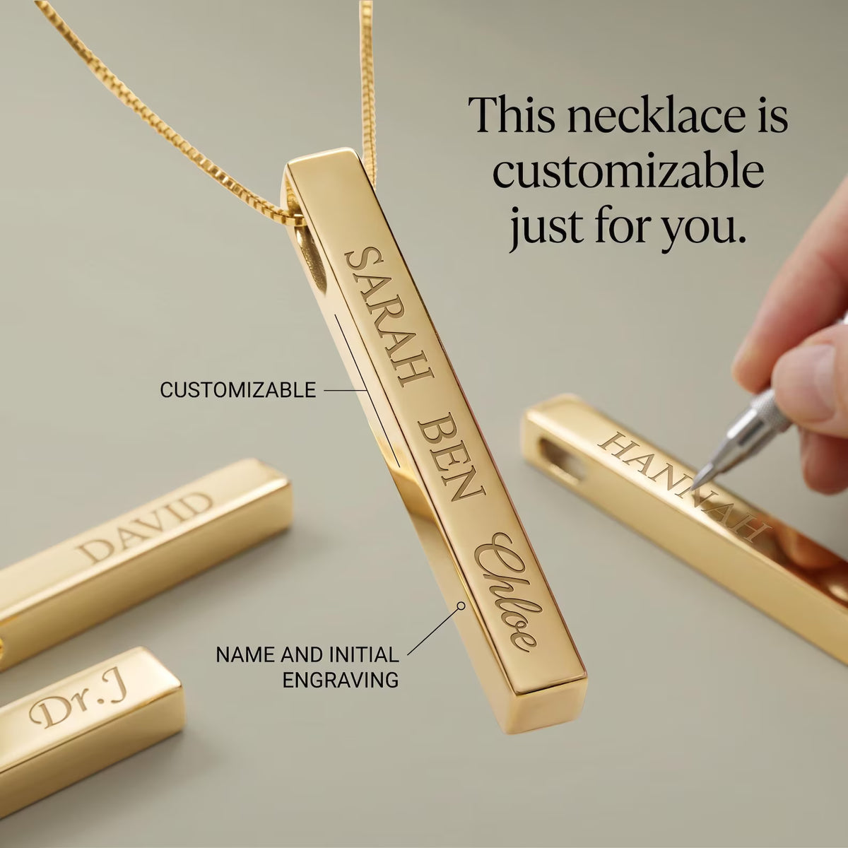 Collar personalizado barra vertical nombre | Colgante grabado en acero inoxidable 