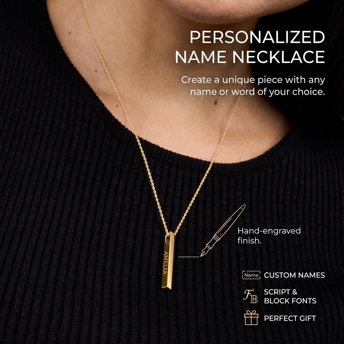 Collar personalizado barra vertical nombre | Colgante grabado en acero inoxidable 